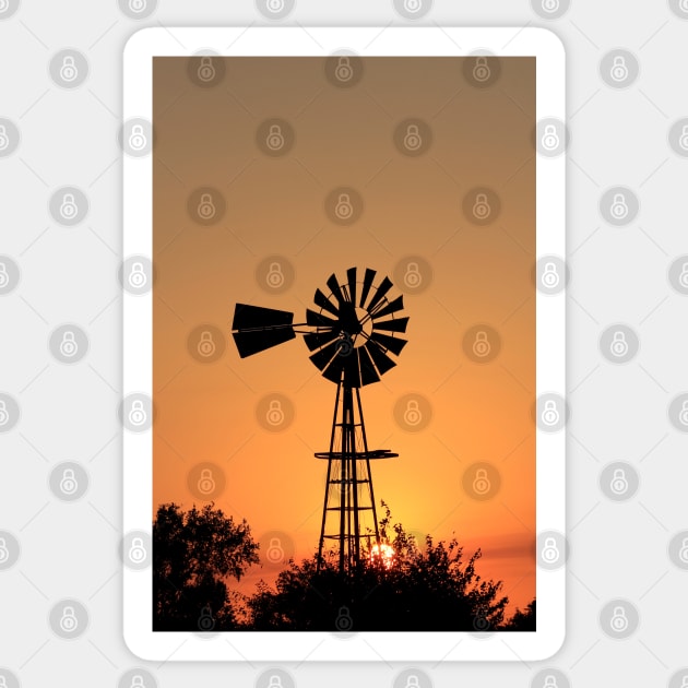 Kansas Golden Sunset with a Windmill silhouette. Sticker by ROBERTDBROZEK